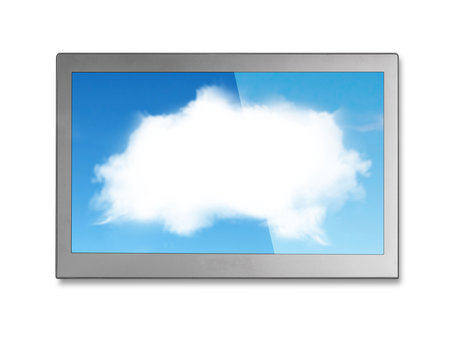 White clouds sky image on wide flat TV screen