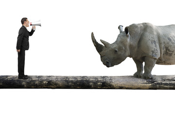 Businessman using speaker yelling at rhinoceros on single wooden