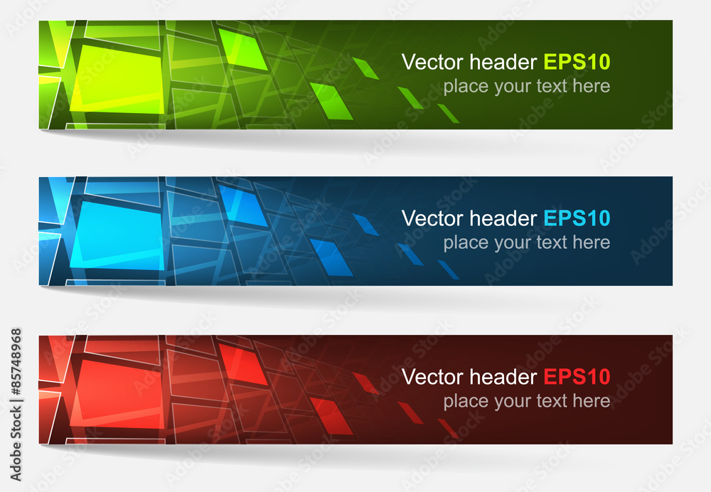 Poster set of colorful vector web headers and banners with square pattern in perspective.