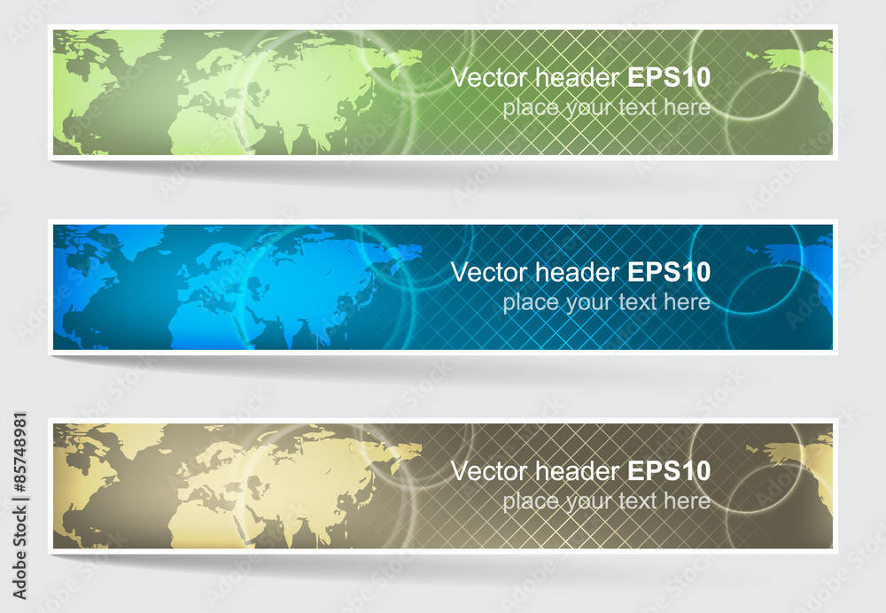 Wall mural set of vector header or banner, world map background