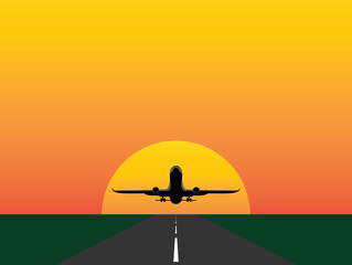 Fototapeta na wymiar Plane silhouette over the sun, taking off or landing.Concept:Travelling,flying,holidays