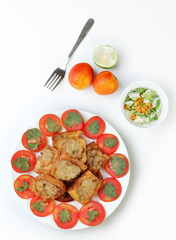 Fried bread with minced pork spread on white background.view fro