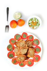 Fried bread with minced pork spread on white background.view fro