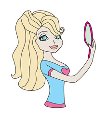 beautiful girl looking at herself in mirror