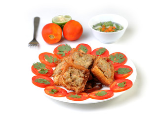 Fried bread with minced pork spread on white background.