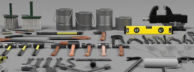 3d render of large colection of tools