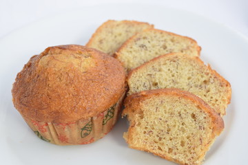Banana cake on white plate