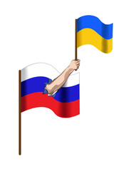 Vector image of hand holding a Ukrainian flag coming out of a Russian flag.
