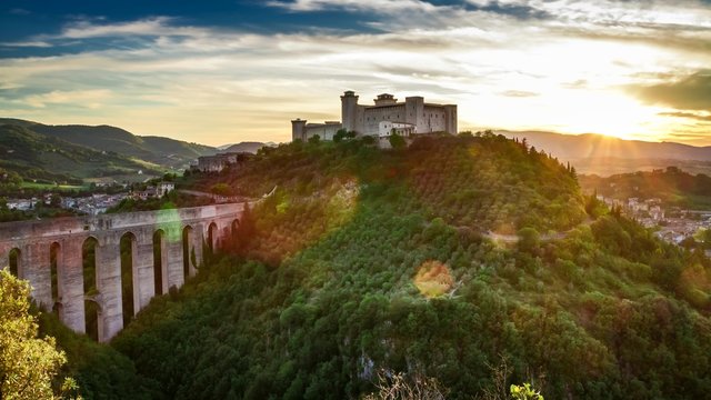 Sunset over beautiful castle in Preci, Italy, Umbria