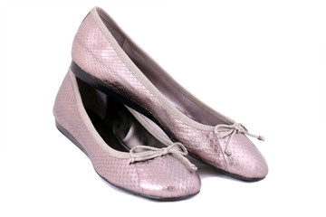 close-up isolated women silver snakeskin flat shoes