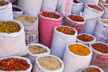 Sacks of pasta for sale in an Indian roadside market
