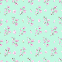 Seamless floral pattern with fine magnolias painted with watercolors on mint background