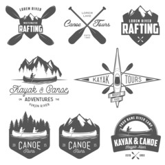 Set of kayak and canoe emblems, badges and design elements