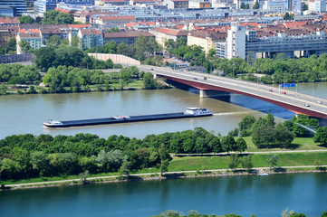 Donau mit Containerschiff und Donauinsel