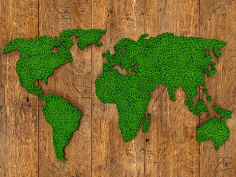 World map background with grass field and wood texture © Vitte Yevhen