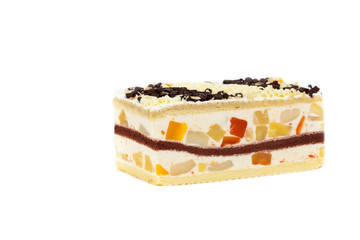 Fruit yogurt cheesecake on white background. Selective focus.