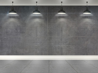 3d concrete  room with ceiling lamps