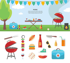 Banner and Icons of Picnic Items. Holiday Concept