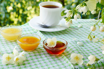 Три миски с медом и чашка чая на столе под кустом жасмина.