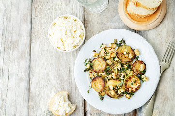 zucchini Basil mint cashews salad with ricotta and fresh bread
