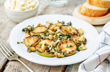 zucchini Basil mint cashews salad with ricotta and fresh bread