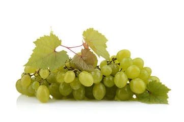 Bunch of white grapes isolated on white with leaf
