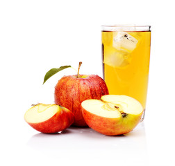 Close-up shot sliced wet red apple juice ice cubes isolated