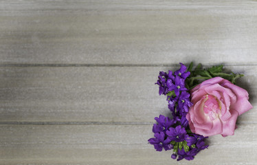 Eine Rosenblüte mit Verbenen auf Holz