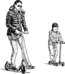 mother and son on the scooters