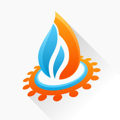 Vector symbol fire with gear. Blue and orange flame glass icon w