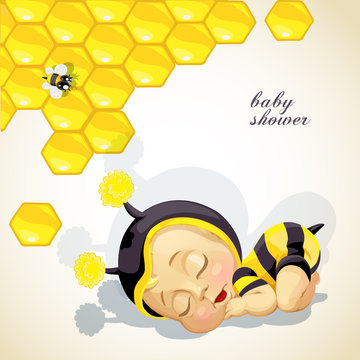 Baby shower card with newborn child dressed as bee