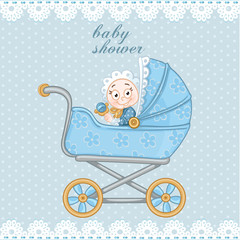Blue baby carriage for newborn baby shower card