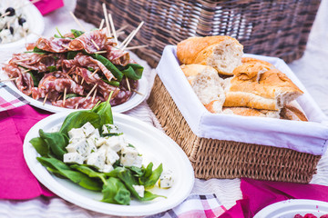 Lite appetizer of salami, basil, cheese and bread/Bread, salami, basil and cheese on the tablecloth during a picnic in the park.