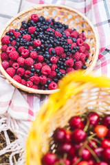 Wild berries on a picnic/Sweet cherries, raspberries and blueberries in wicker baskets on a picnic in the park