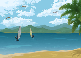 Sea Landscape with Palms Mountains and Surfers