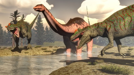 Allosaurus hunting big brontosaurus dinosaur - 3D render © Elenarts