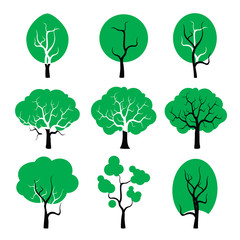 Set of black vector tree and green leafs