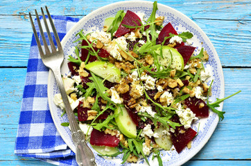 Beet salad with feta,apple,walnut and arugula.