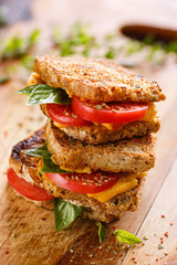 Toasts with melted cheese, tomatoes and basil