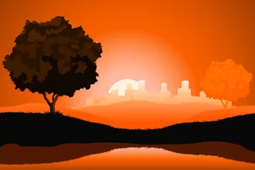Door stickers Brick Amazing natural sunrise landscape with tree silhouette and citys