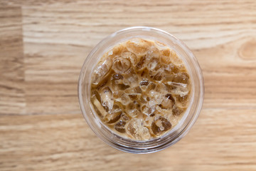 Ice coffee topview on wood background
