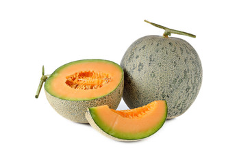 whole and half cut melon with stem on white background
