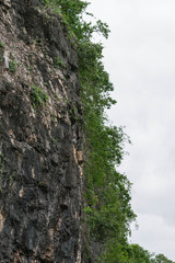 mountains with small trees, on cloudy sky background.