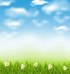 Fototapeta na wymiar Spring natural background with blue sky, clouds, grass field and
