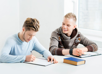 Group of teenage students studying at the lesson in the classroom