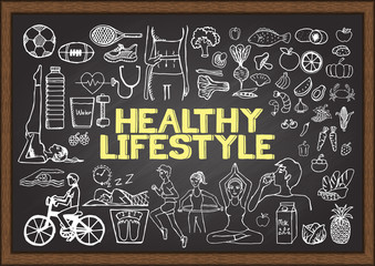 Hand drawn about HEALTHY LIFESTYLE on chalkboard.