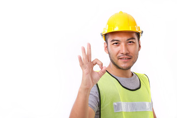 construction worker showing ok hand sign gesture on white backgr