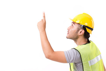 construction worker pointing up at blank space