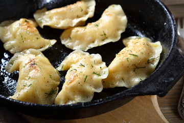 Delicious dumplings in a frying pan