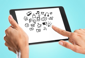 Holding, hand, tablet.